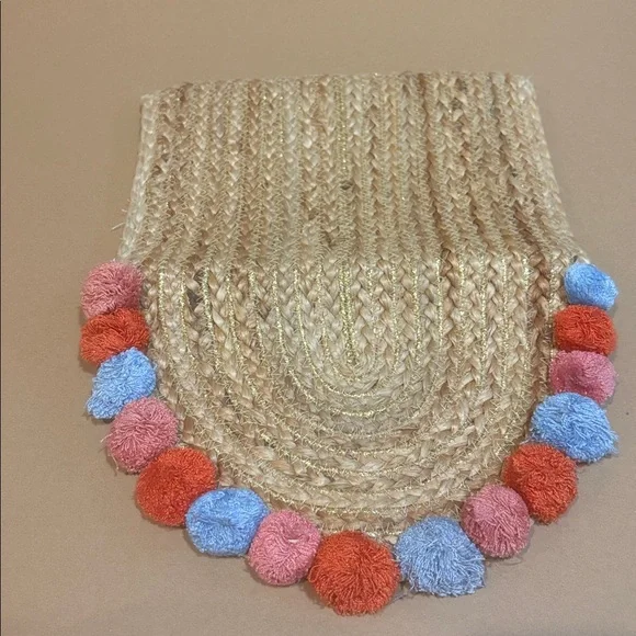 Straw Clutch with Colorful Pom Poms and gold accents - Picture 3 of 4